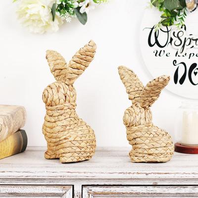 Lapin de Pâques Herbe Tissée Lapin Créatif Mignon Ornements de Bureau Sculpture de Lapin en Massette Cadeau Sculpture de Lapin en Herbe Tissée