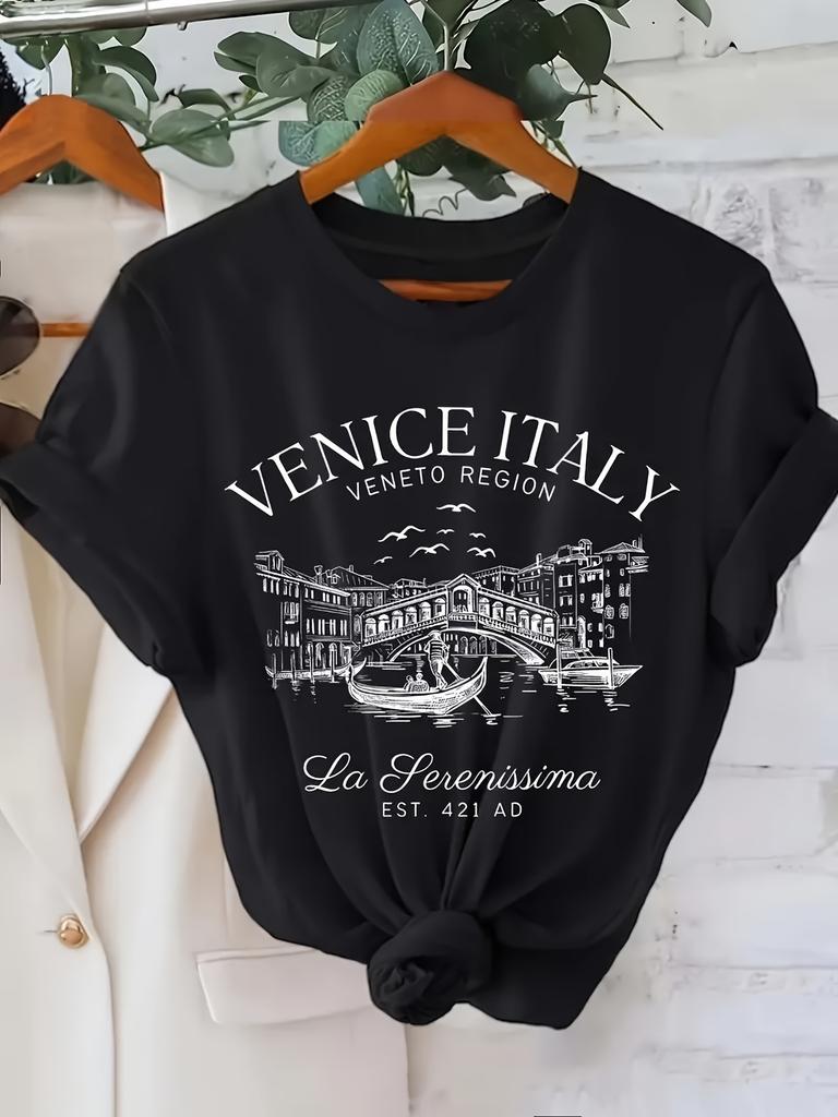 Venice Italy Graphic T-Shirt - Casual Short Sleeve Polyester Knit Fabric with Round Neck - Cartoon Print Venice Italy Region Tee