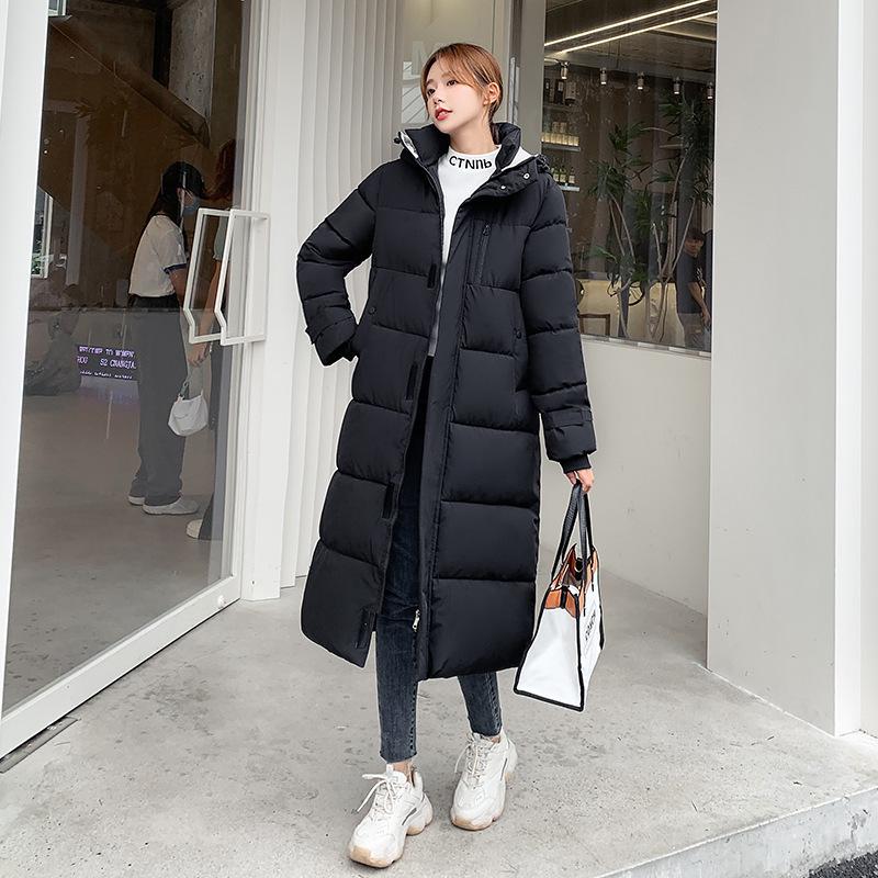 

Женское длинное зимнее хлопковое пальто выше колена в корейском стиле с капюшоном XXL чёрный