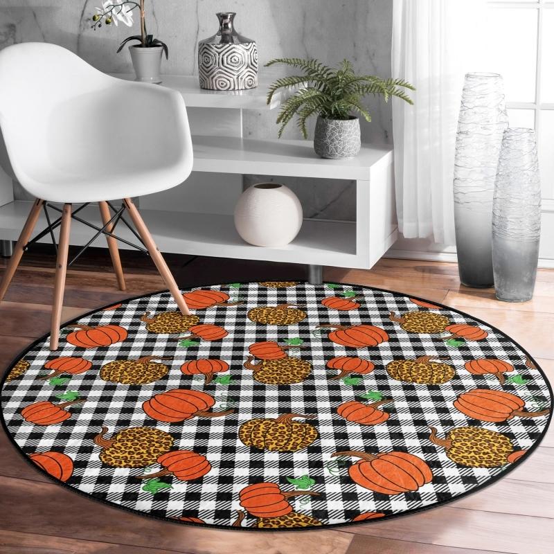 

Colorful Pumpkin Pattern Digital Printed Modern Orange Balcony Round Carpet With Washable Non-Slip Base On Black And White Plaid