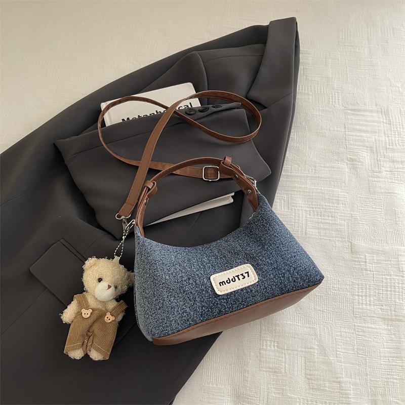 

Denim and Faux Leather Shoulder Bag with Fluffy Charm Chain Crossbody Purse for Women