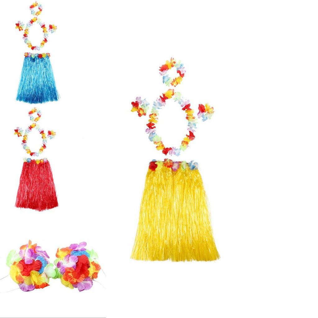 Cute Kids Hawaiian Grass Hula Lei Skirt With Bright Color Flower Wristband Garland Fancy Costume For Festivals And Parties