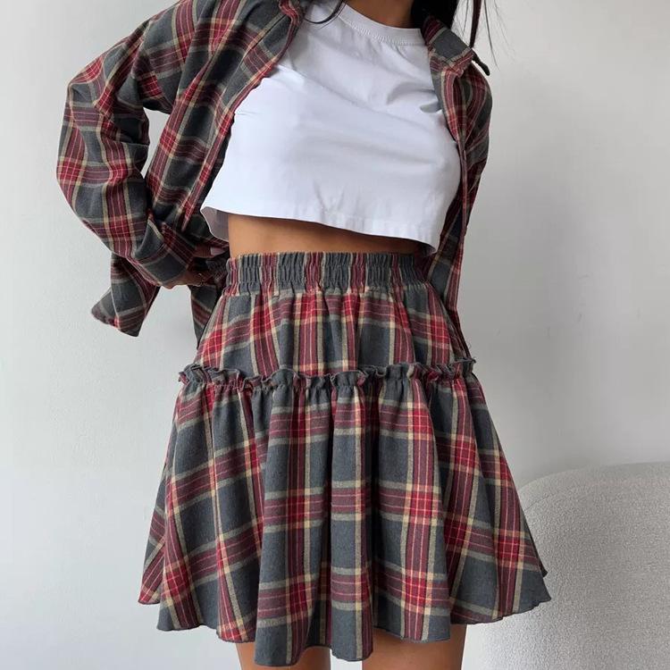 Completo Gonna a Quadri da Donna 2025: Set Camicia con Revers Casual e Gonna Pieghettata con Laccio