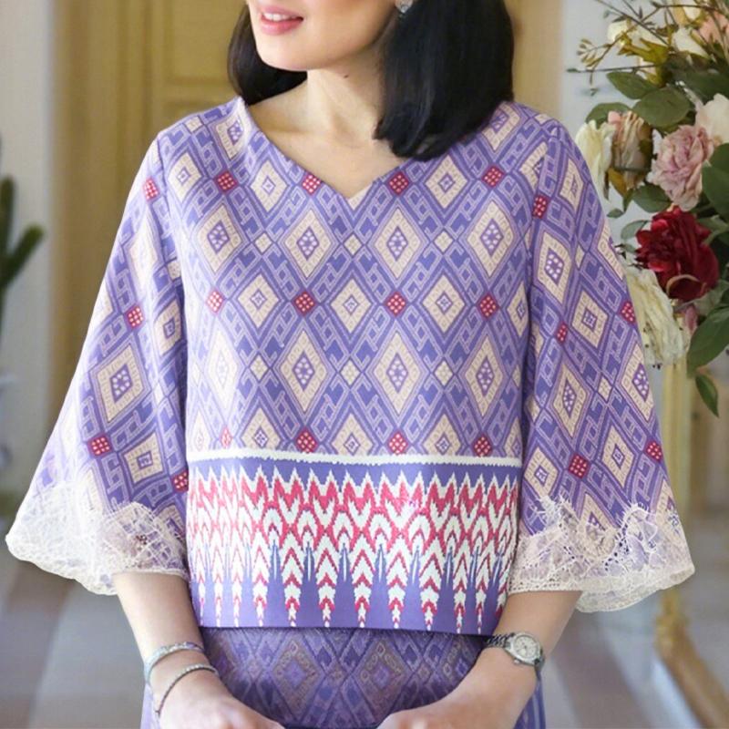 

ZANZEA Женская блузка с кружевной вставкой, рукавом 3/4, свободного кроя, повседневная, с V-образным вырезом и принтом 4XL фиолетовый