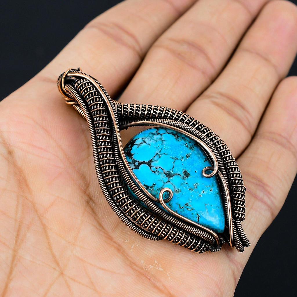 Tibetan Turquoise Gemstone Pure Copper Wire Wrapped Designer Handmade Pendant Jewelry