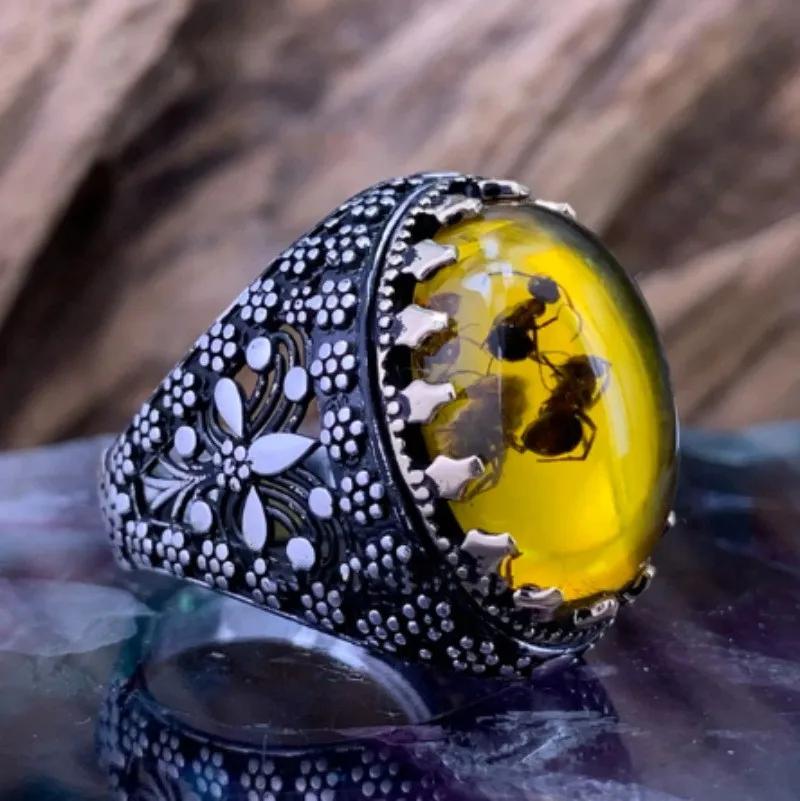 New Inlaid Yellow Amber Crystal Men's Luxury Ring Personality Retro Personality Ring To Attend The Banquet Party Jewelry