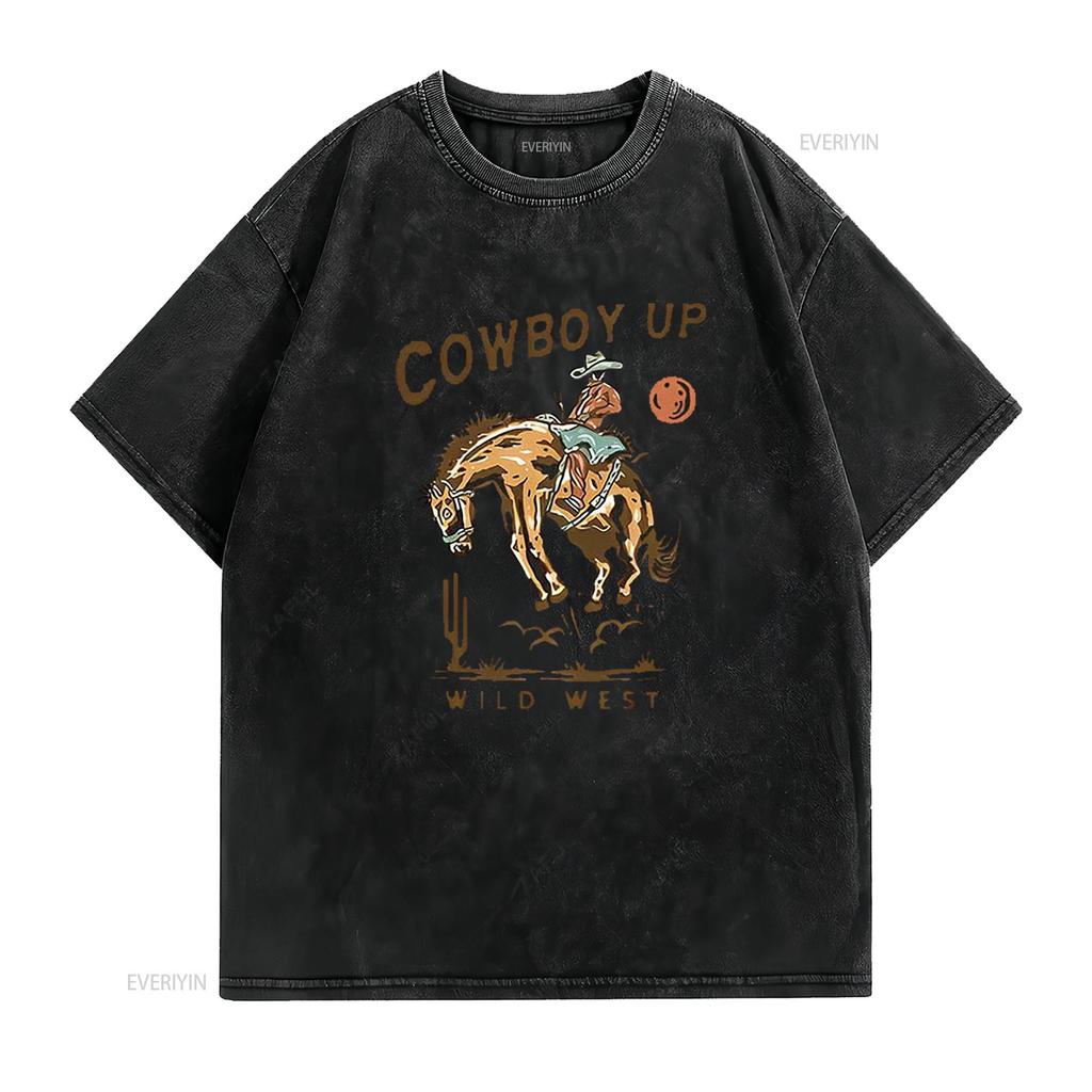 COWBOY UP WILD WEST American Retro Round Neck Womens T Shirt Black X Large vintage Washed Stretched Top For Everyday Wear