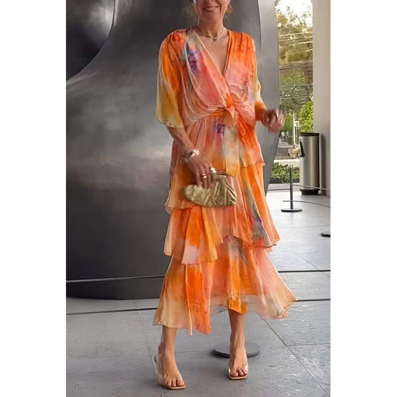 

Printed Layered Dress New European and American Women clothes Fashion Elegant Vacation Print Layered Dress Orange 3XL