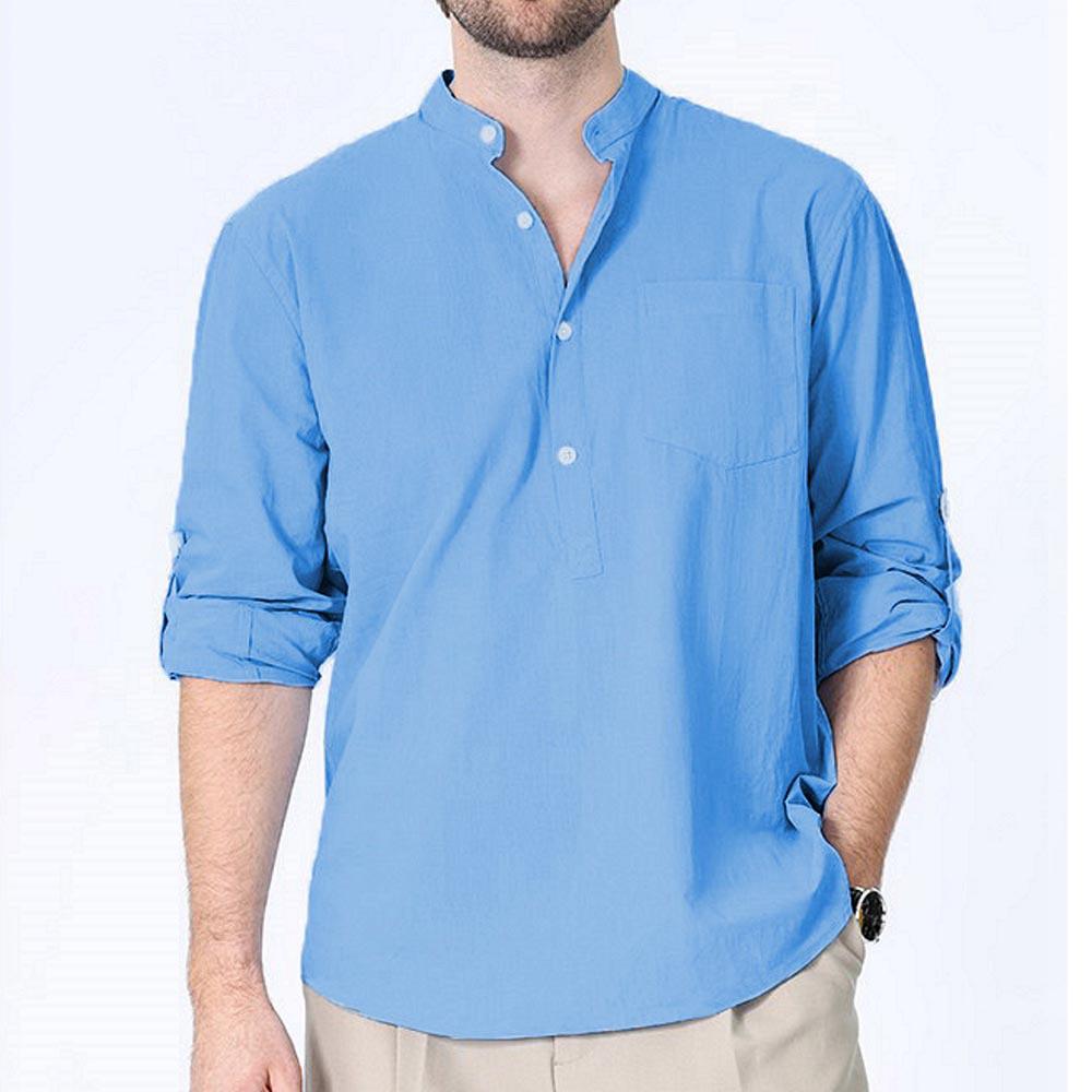 

2025 Men s Trendy Loose-Fit Stand Collar Half-Open Solid Color Long Sleeve Pure Cotton Shirt - Plus Size Large светло-синий