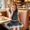 2PCS Girls Lace Trim Denim Vest & Pleated Skirt Set, Sleeveless Button Vest with Skirt