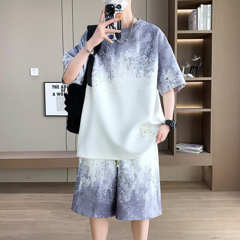 2025 Plus Size Gradient Short-Sleeve Top Set for Teen Boys - Fits Up to 8XL