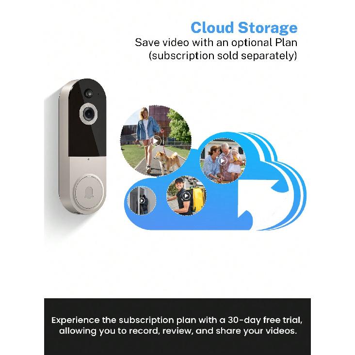 1080P Video Doorbell Camera Wireless With Free Chime, Smart AI Human Detection, Night Vision, 2-Way Audio, Battery Powered, Cloud Storage, 2.4G WiFi,