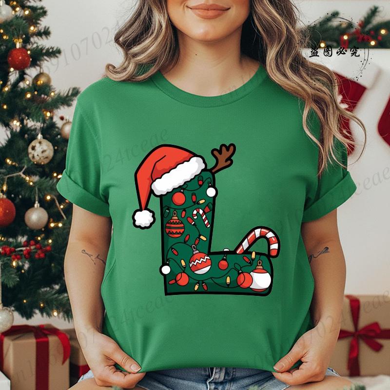 Fashion Printed T Shirt Festive Christmas Alphabet Letter with Santa Hat Women T Shirt Short Sleeves Crew Neck Female Clothes