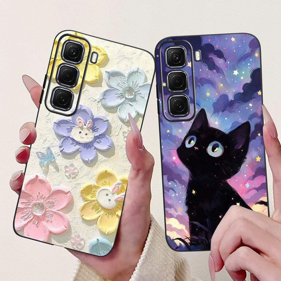 For Infinix Hot 50 4G Phone Case Hot 50 Pro+ 4G Hot50 Pro Elegant Floral Cat Pattern Black Silicone Soft TPU Cases