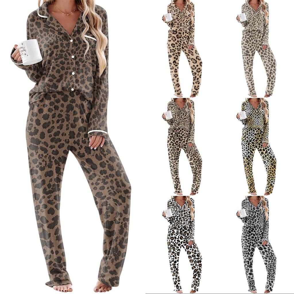 Women's pajamas fashion print long sleeve button-up top pocket pants home casual notch collar V-neck two-piece set