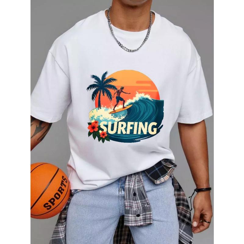 Surfing T Shirt White Surfing Wave Palm Tree Sunset and Flowers Print for Beach Vacation Summer Outdoor Activities