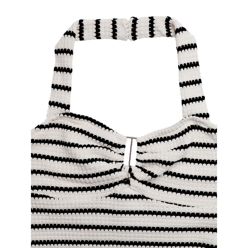 Women's Fashion Summer Spring Stripe Print Sleeveless Hanging Neck High Waist Casual Dresses