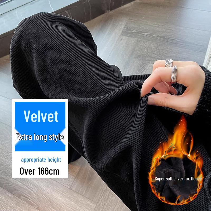 Women's Plus Size Winter 2025 High Waist Wide Leg Fleece-Lined Black Chenille Sweatpants