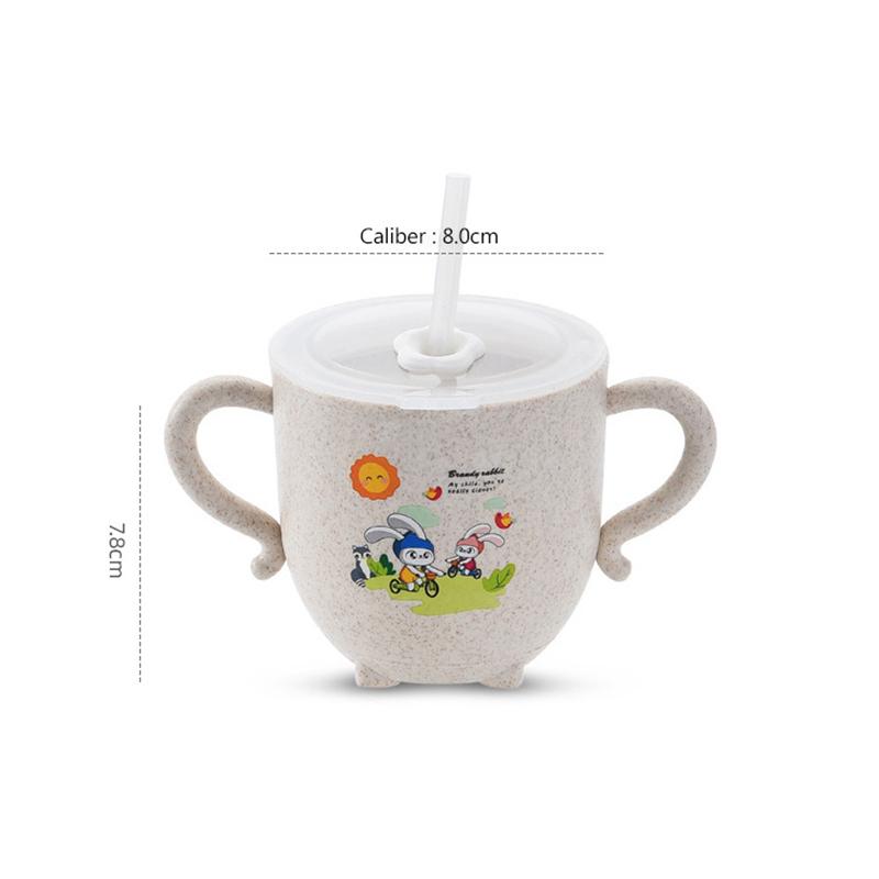 Dětské hrnečky na pití Ekologická pšeničná sláma Roztomilý dětský krmicí hrneček s dvojitým uchem víčkem a brčkem Tréninkový hrneček pro kojence