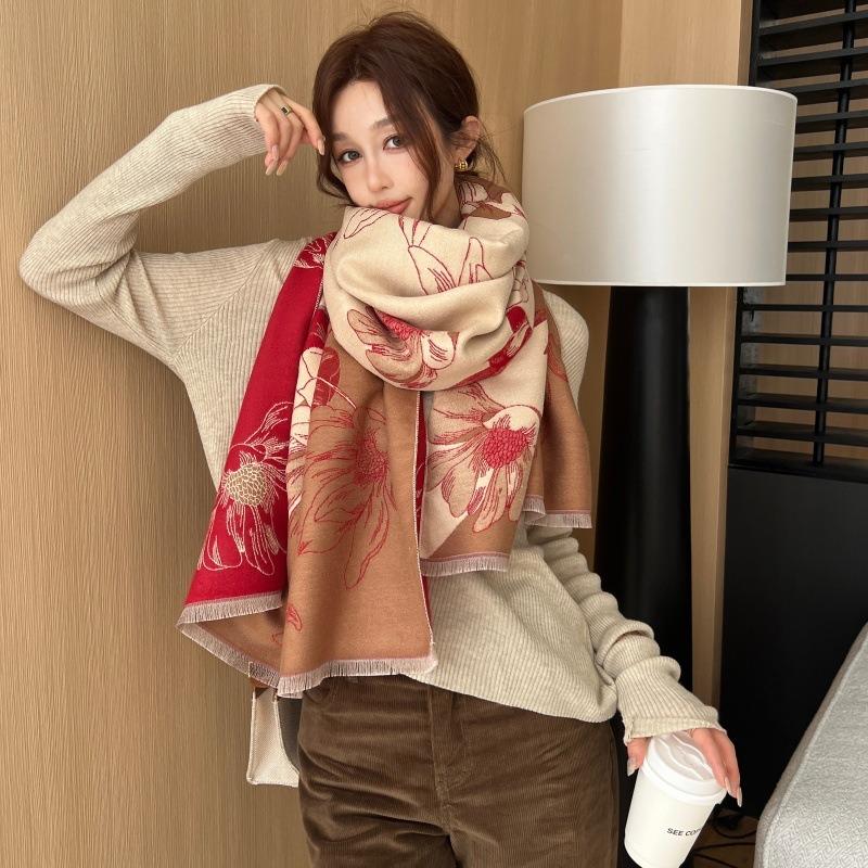 Autumn and winter magnolia floral imitation cashmere scarf thickened shawl fresh and sweet versatile cold-proof warm scarf