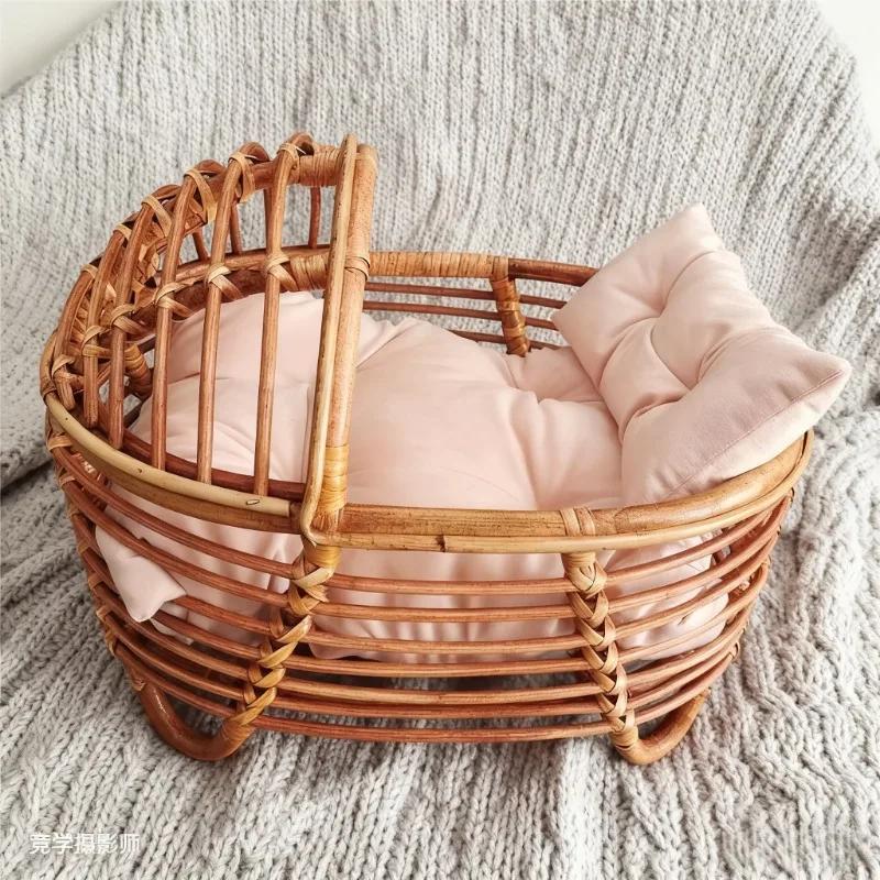 Handgefertigtes Vintage Holz Rattan Posing Bett Neugeborenen Fotografie Requisiten Hintergrund Zubehör Für Baby Jungen Mädchen Säugling Aufnahmen