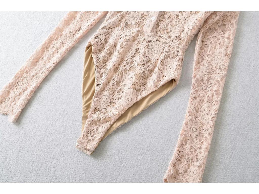 European Fashion Crochet Lace Lapel Bodysuit