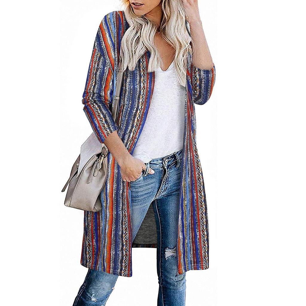 Women's Fashion Casual Printed Pocket Cardigan Medium And Long Coat