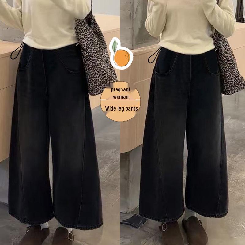 Autumn Maternity High-Waisted Distressed Wide-Leg Denim Pants, Slimming Retro Style XL