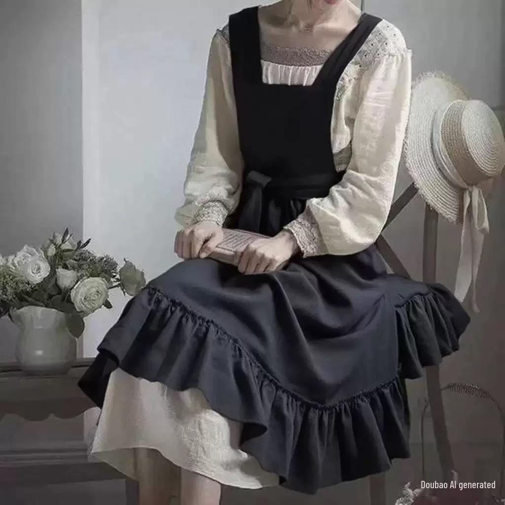 Nordic Solid Color French Pastoral Style Oil-Proof Apron for Kitchen Cooking