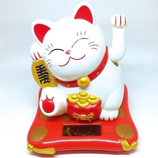 (PLUS COMFORT) Maneki Neko Solar Automatic Moving Height 15cm Wealth Fortune (White Big Size)