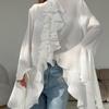 Women's White Fashion Patchwork Lace Flared Sleeves Loose Ruffled French Shirt Temperament Summer Women  Elegant Chiffon Blouses