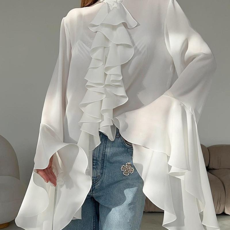 Women's White Fashion Patchwork Lace Flared Sleeves Loose Ruffled French Shirt Temperament Summer Women  Elegant Chiffon Blouses