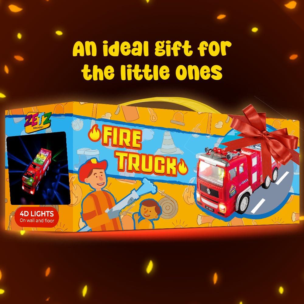 Zetz Brands Electric Fire Truck Toy for Kids - Bright Flashing 4D Lights and Realistic Siren with Sounds  Bump and Go Fire Truck for Boys  Auto