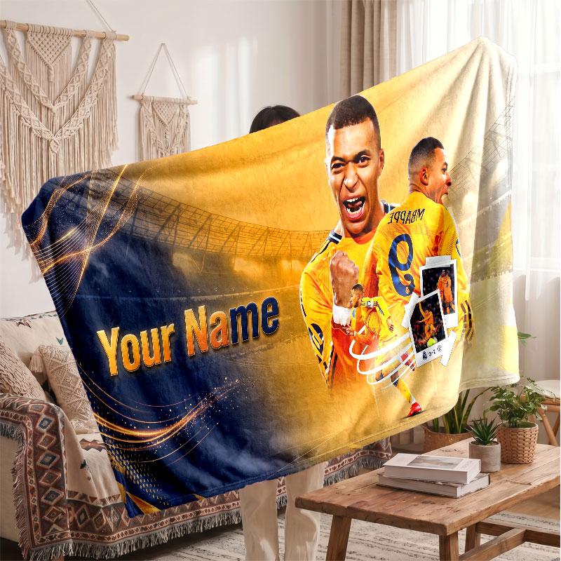 Kylian Mbappe Personalized Fleece Blanket With Football Logo, Custom Name Text Soft Warm Home Throw Blanket
