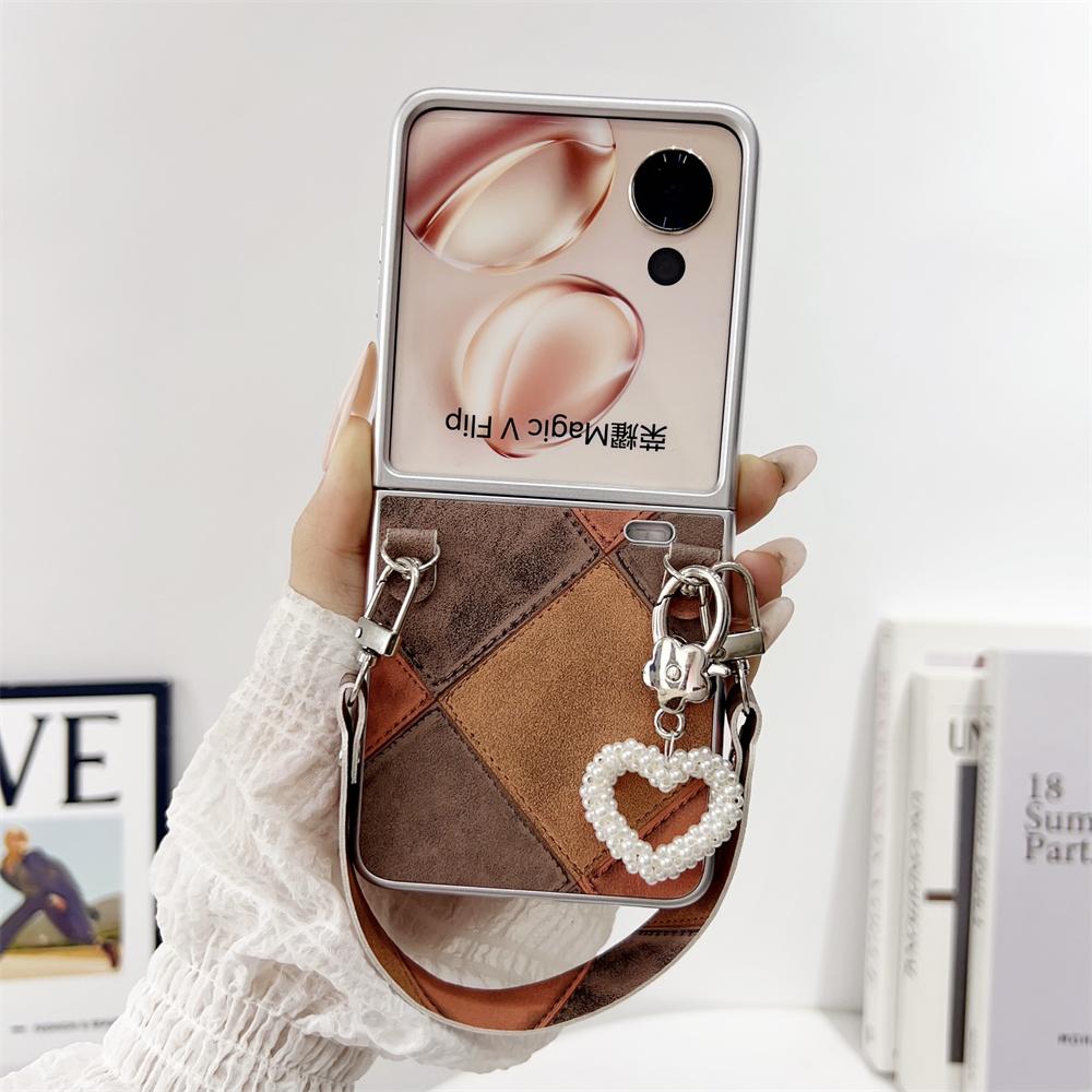 Retro Color Collision Phone Case For Honor Magic V Flip Hand Strap Protective PC Hard Shell Magic V Flip Back Cover