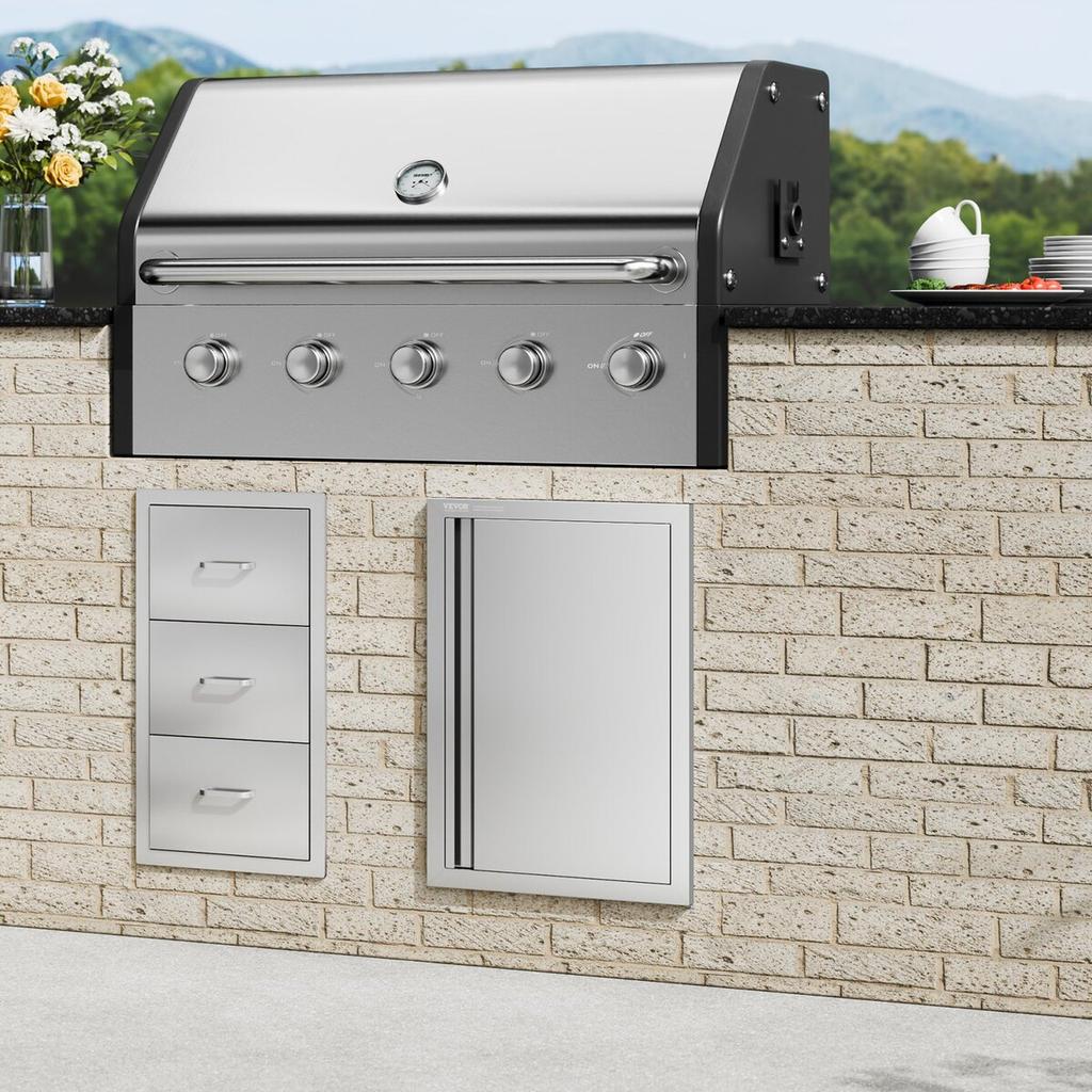 BBQ Access Door, 432x610 mm Single Outdoor Kitchen Door, Stainless Steel Flush Mount Door, Wall Vertical Door with Recessed Handle, for BBQ Island,