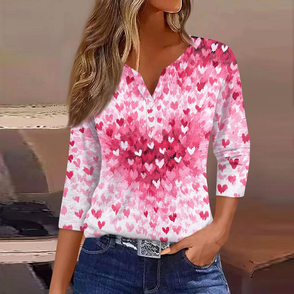 Camiseta feminina com estampa de botão, manga 3/4, moda diária de fim de semana, básica, decote em V, top regular