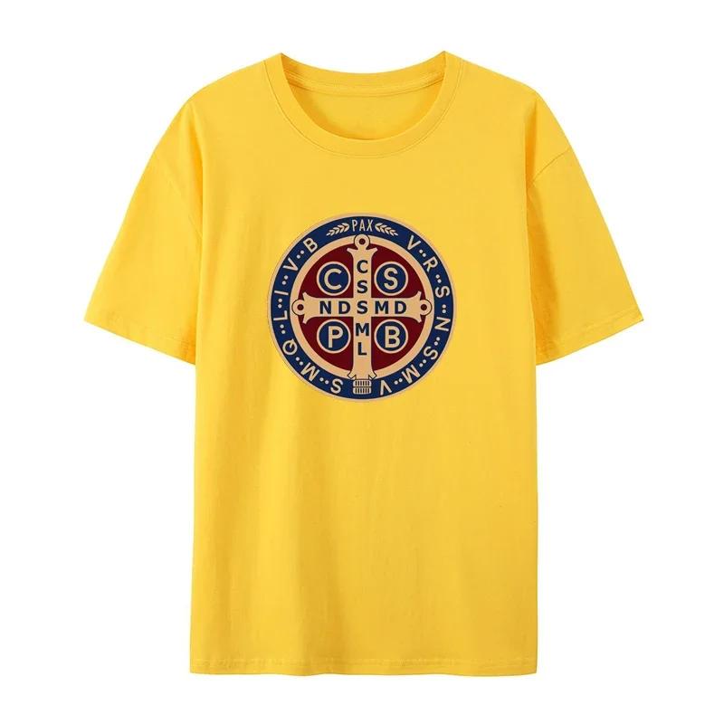 The Saint Benedict Medal Catholic Pullover Tees Camisas Men Slim Fit Mens T Shirt Printed T Shirt Cotton