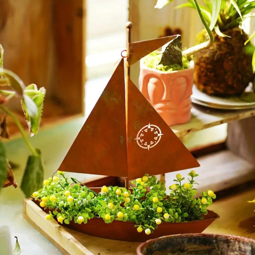 Creative 3D Sailing Ship Iron Art Plant Desktop Decoration Flower Pot Garden Decoration Ornament