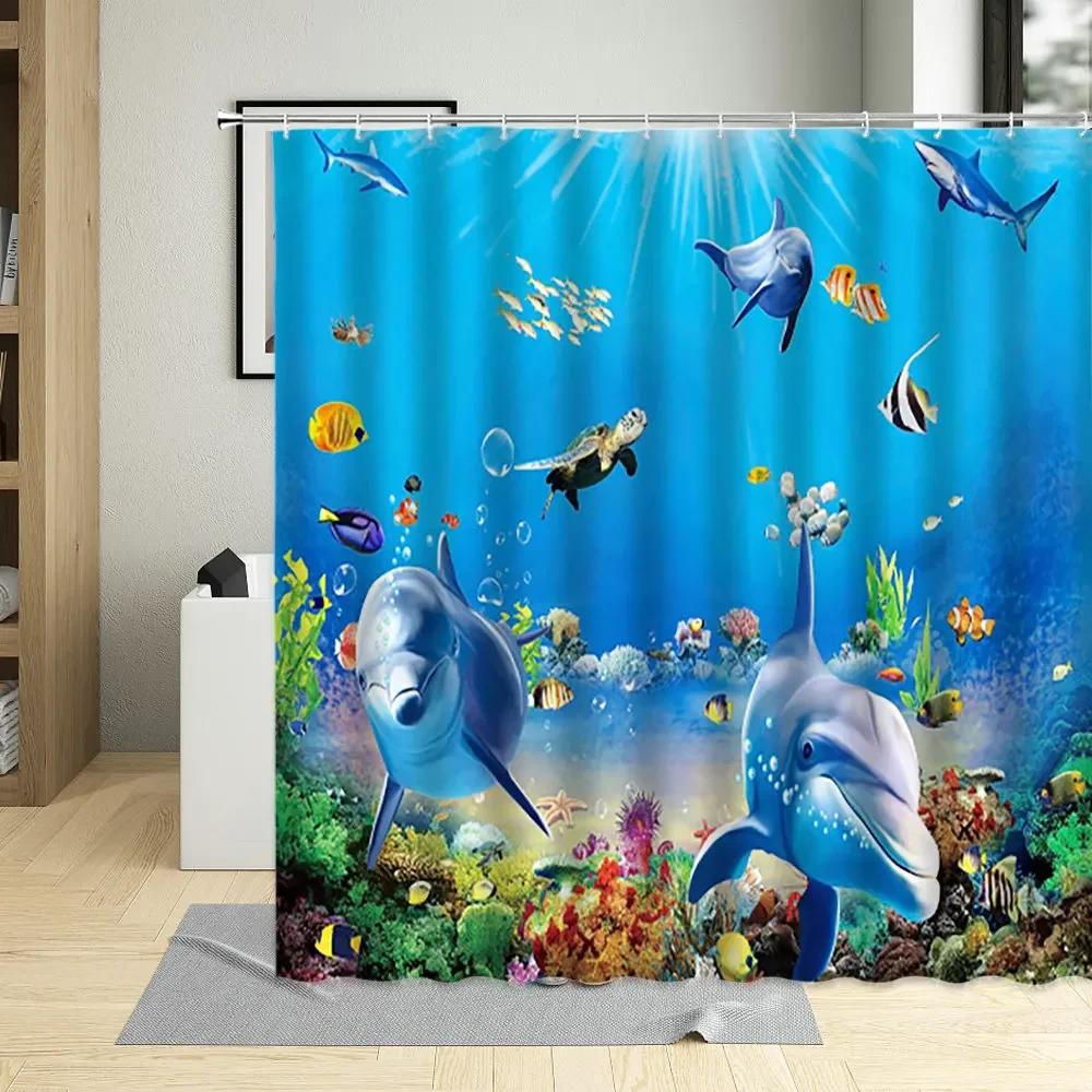 Ocean Sea Animal Dolphin Fish Waterproof Shower Curtain Creative Deep Sea Child Bathroom Decor Screen With Hooks Curtains Set