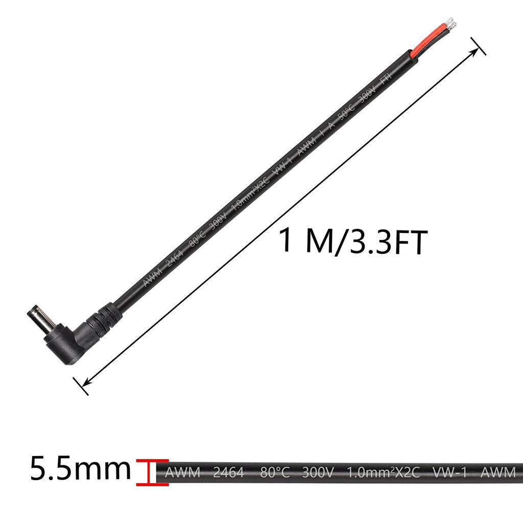 SinLoon DC Extension X Male Plug To Bare Wire Open End Power Replacement Repair Suitable for LED CCTV Surveillance 2 1M Cable, 90-degree DC, 5.5mm