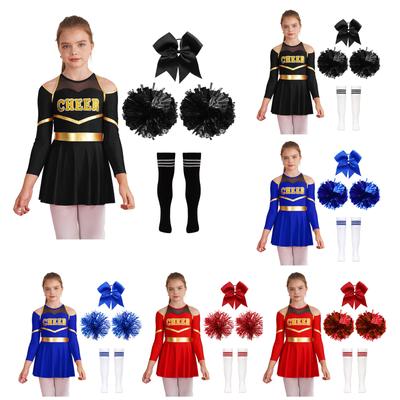 Cheerleading-Tanz-Outfits für Kinder, Mädchen, schulterfreies Langarmkleid mit Buchstabendruck, Kopfbedeckung mit Schleife, Handblumen und Socken
