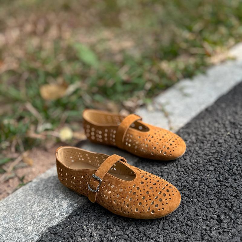 Johnature Retro Cow Suede Hollow-out Flat Shoes Breathable Soft Sole Versatile Women's Shoes
