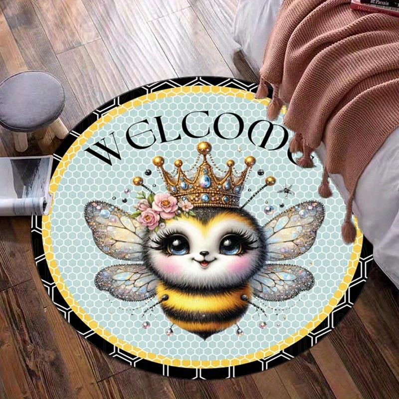 

Cute Bee Queen Wearing Crown Welcome Sign Round Rug Soft Crystal Velvet Floor Mat Cartoon Animal Home Decor Kids Room Carpet 60cm x 60cm
