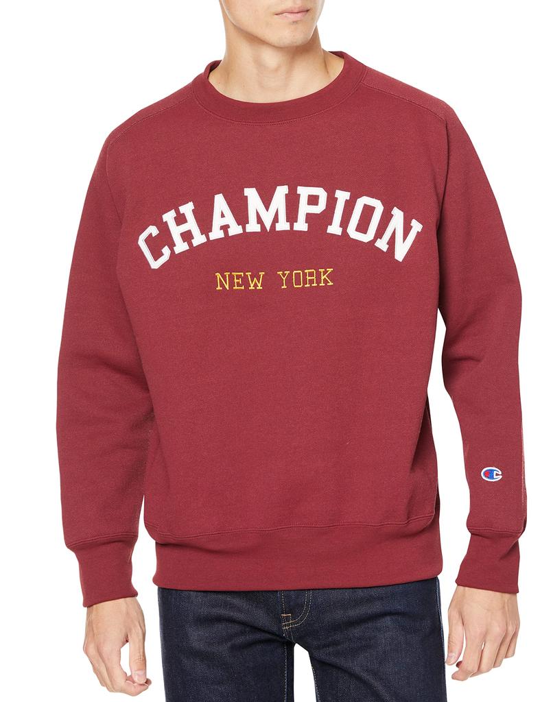 Champion Long Sleeve Techweave Terry Crew Neck Deep Size Odor UV Graphic Logo Print Men's Sweatshirt, C3-WG002, Red, L, Antibacterial, Resistant,
