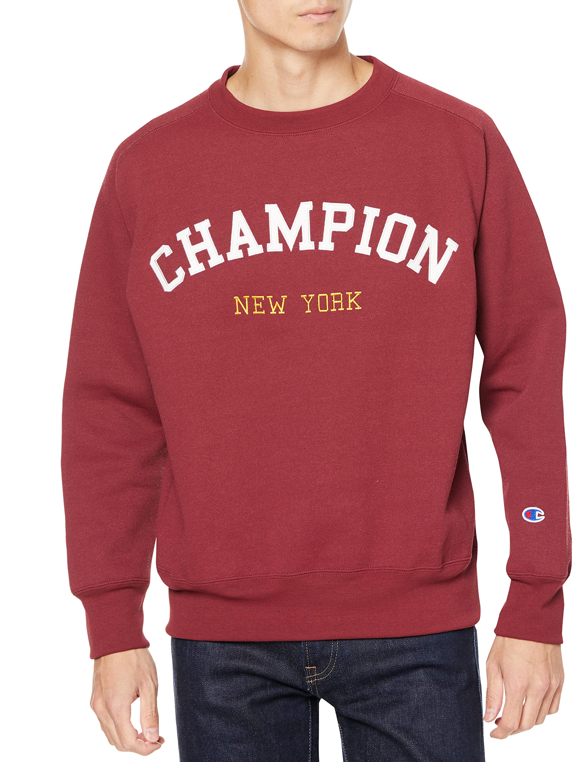 

Champion Long Sleeve Techweave Terry Crew Neck Deep Size Odor UV Graphic Logo Print Men s Sweatshirt, C3-WG002, Red, L, Antibacterial, Resistant,