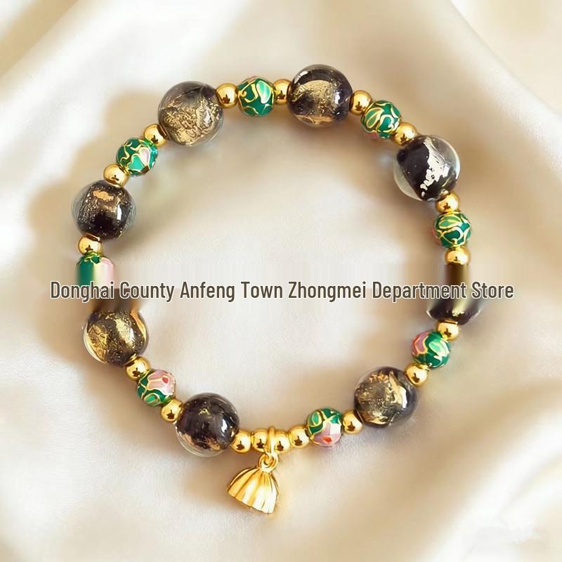 Scenic Cloisonné Enamel & Silk Lotus Flower Drop Bracelet with Gold Foil Glaze