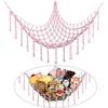 Boho Tassel Toy Hammock Wall Corner Hanging Storage Net Durable Cotton Woven Organizer for Kids Room Nursery Home Decor
