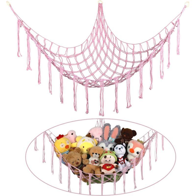 Boho Tassel Toy Hammock Wall Corner Hanging Storage Net Durable Cotton Woven Organizer for Kids Room Nursery Home Decor