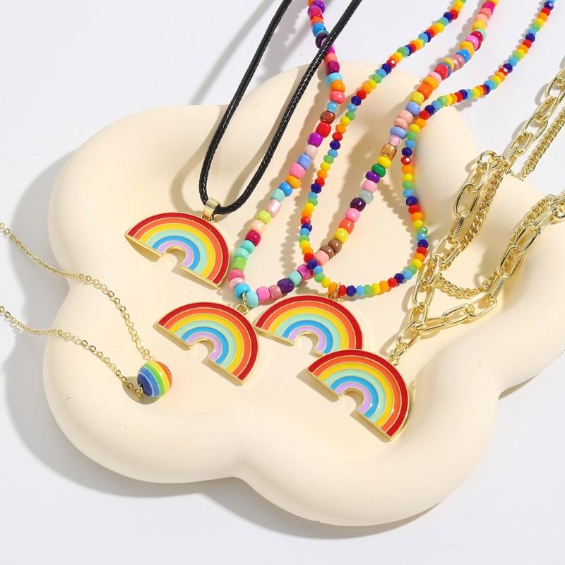 Fashion Rainbow Pendant Necklace Choker Neck Chain Elegant Clavicle Chain Handmade Beaded Necklace Statement Jewelry